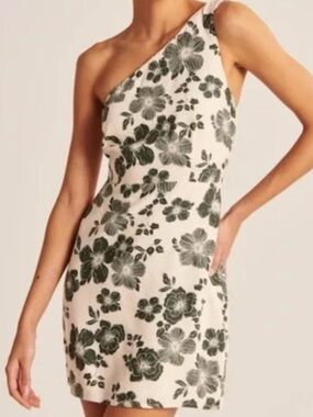 Abercrombie & Fitch One-Shoulder Floral Dress in White and Green